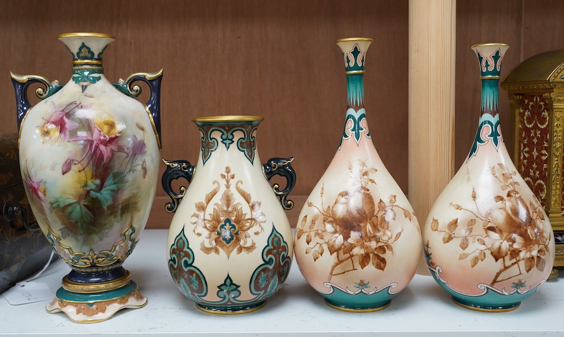 Hadley's Worcester: a pair of vases and two others, tallest 21.5cm. Condition - mostly good, largest vase has two chips to inner upper rim, areas of wear to gilding